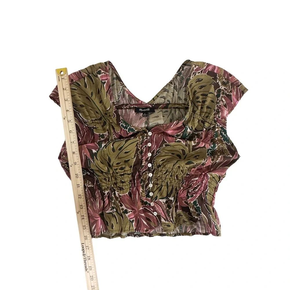 Madewell Tropical Shirred Cap-Sleeve‎ Top in Brushstroke Monstera Top - Size M